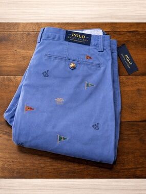NWT Ralph Lauren Blue Embroidered Nautical Chinos - 32x32